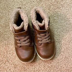 Falls Creek boys Velcro slip on boots size 9 faux fur lining brown shoes